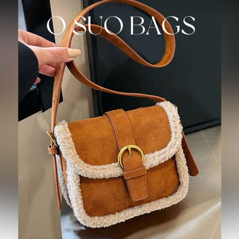Sherpa suede bag camel brown Crossbody Bag with Shearling Trim - Picture 2 of 7